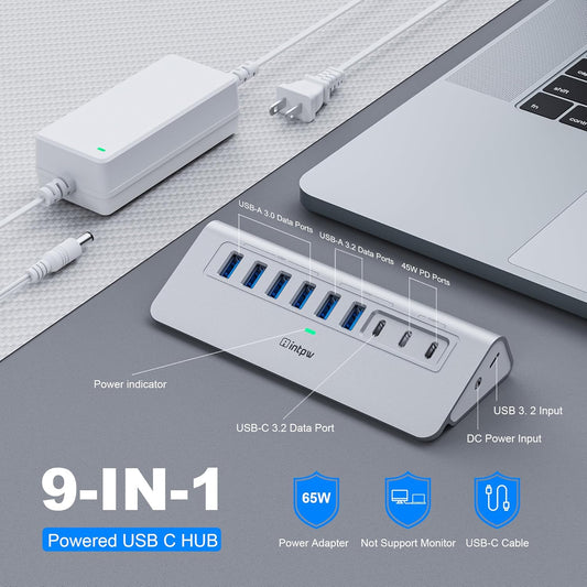 Powered USB Hub 10Gbps, intpw 9-Port USB 3.2 Hub, USB C Hub with USB A/USB C 3.2, 4 USB 3.0, 2 PD 45W Charging Ports, 65W Power Adapter and 3.3FT Cable, Aluminum USB Hub for Laptop, iPhone 16/15, PC