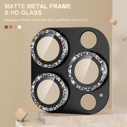 beuxece Compatible for iPhone 16 Pro/iPhone 16 Pro Max Camera Lens Protector, Bling Metal Tempered Glass Camera Screen Cover Accessories [Strong Adsorption][Case-Friendly]- Glitter Titanium Black