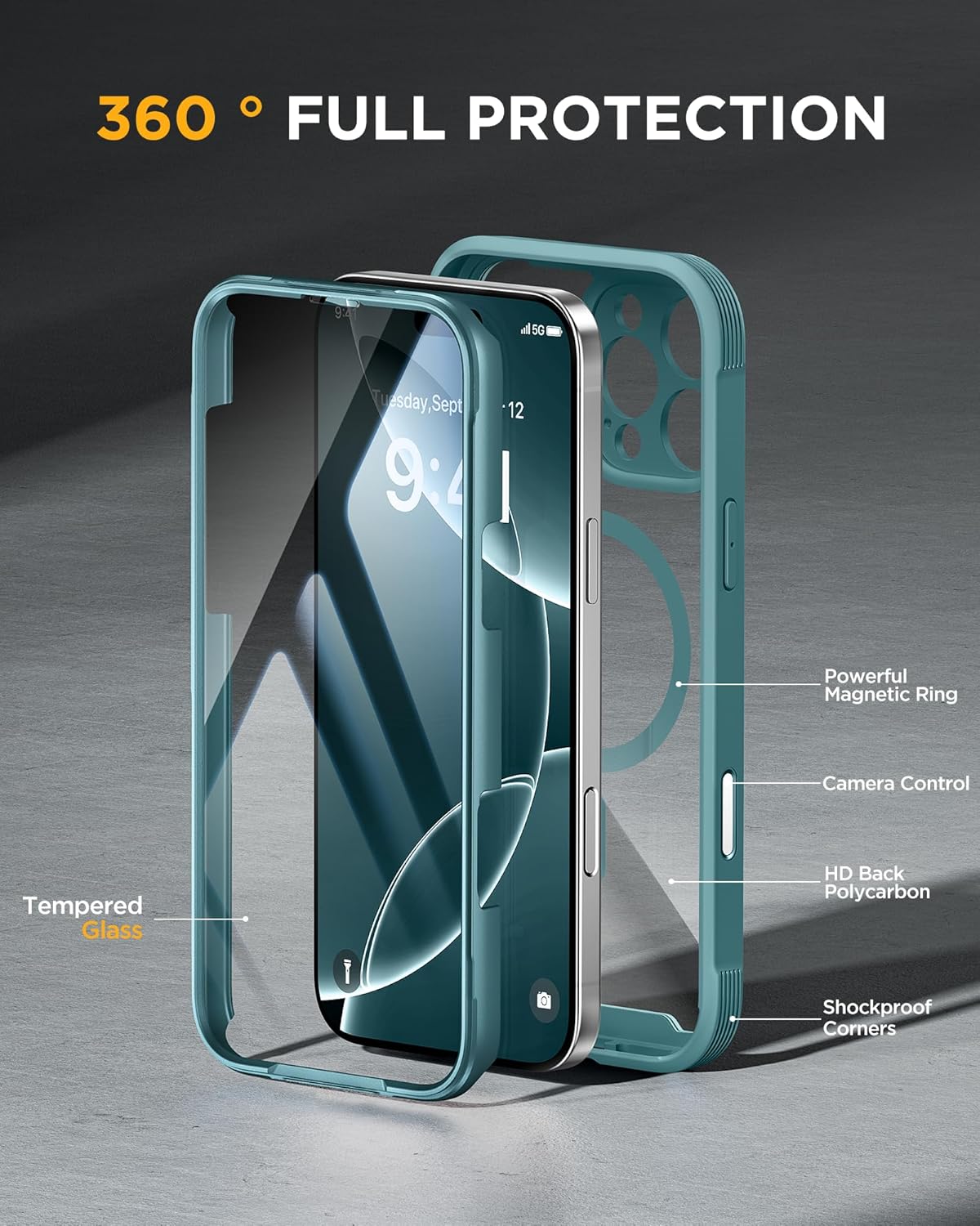 Miracase for iPhone 16 Pro Max Case 6.9'', [Bubble Free] Full-Body Phone case with Built-in Full Glass Screen &Lens Protector,Compatible with MagSafe,Drop Proof 16 Pro Max Cover, Green