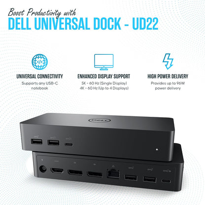 UD22 Dell Universal Docking Station USB-C/USB-A Supports Dual/Triple & 4 Monitors – Dock with 130W, HDMI, DisplayPort Cables & Cleaning Cloth – 4K Display Support