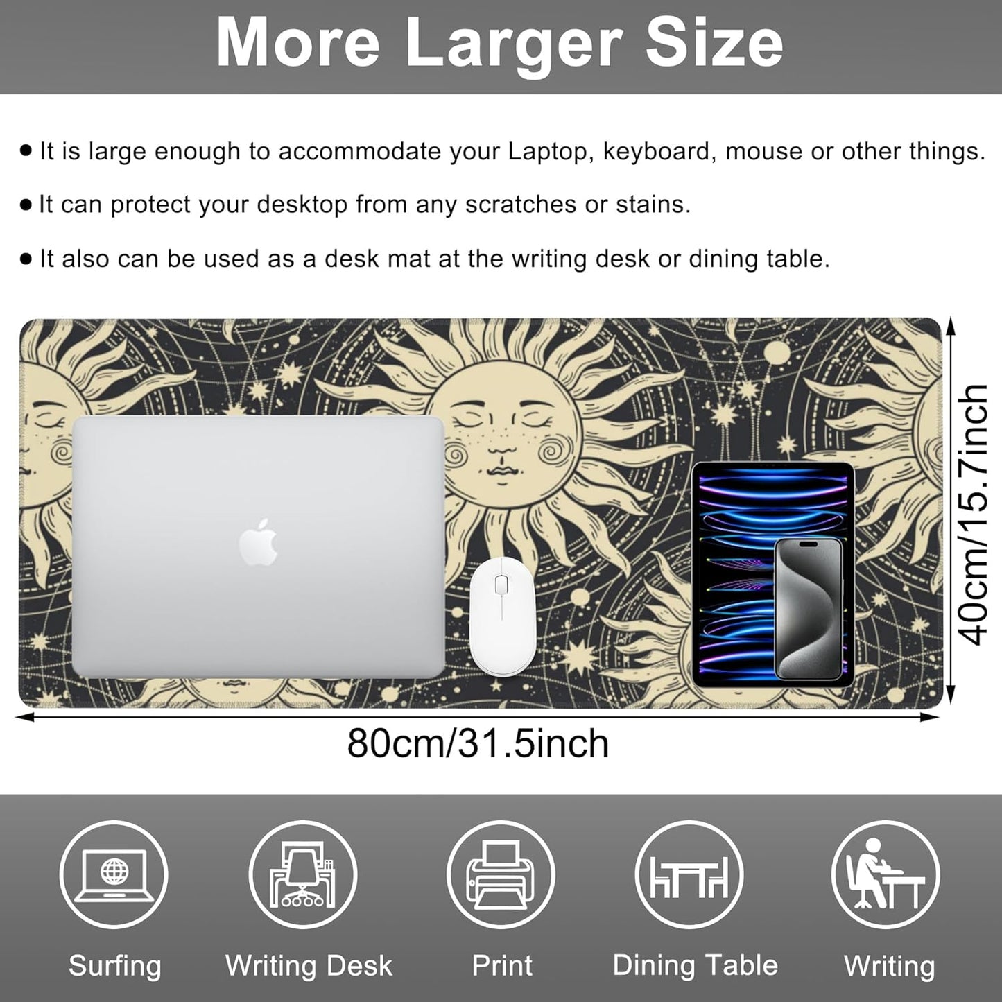 Mouse Pad, Large Golden Sun with a Face and Orbits Desk Mat, Extended Non-Slip Gaming Keyboard Mousepad Desk Pad, Thick Stitched Edges Waterproof Mouse Mat 31.5"x15.7" (Boho Pattern)