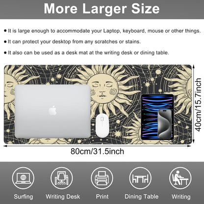 Mouse Pad, Large Golden Sun with a Face and Orbits Desk Mat, Extended Non-Slip Gaming Keyboard Mousepad Desk Pad, Thick Stitched Edges Waterproof Mouse Mat 31.5"x15.7" (Boho Pattern)