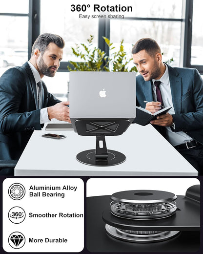 Ultra-Stable Swivel Laptop Stand for Desk with 360 Rotating Larger Base, Military-Grade Aluminum Anti-Loosening Structure - Height Adjustable Laptop Stand Suitable for 10-17.3 inch