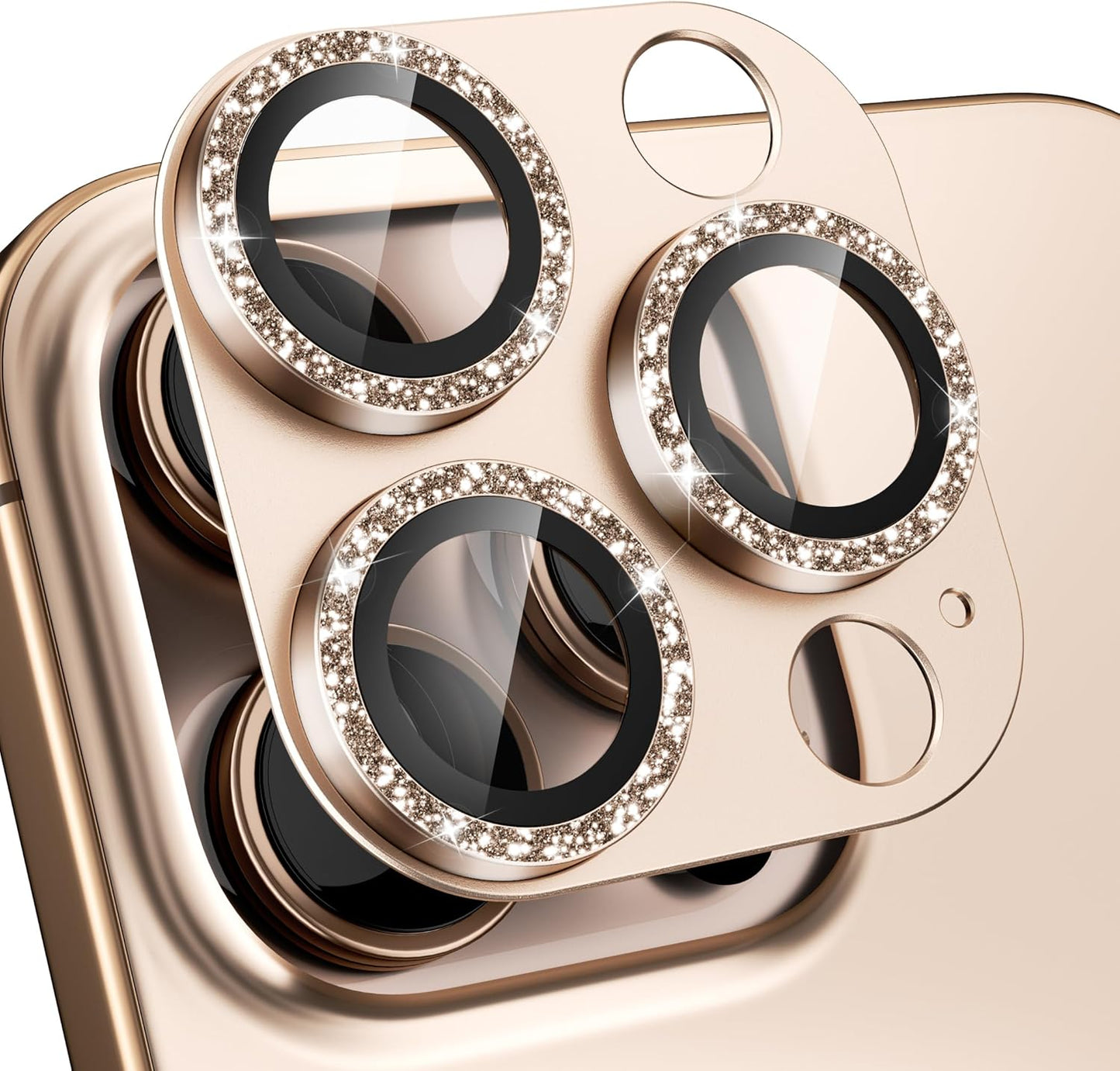 beuxece Compatible for iPhone 16 Pro/iPhone 16 Pro Max Camera Lens Protector, Bling Metal Tempered Glass Camera Screen Cover Accessories [Strong Adsorption][Case-Friendly]- Glitter Titanium Desert