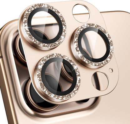 beuxece Compatible for iPhone 16 Pro/iPhone 16 Pro Max Camera Lens Protector, Bling Metal Tempered Glass Camera Screen Cover Accessories [Strong Adsorption][Case-Friendly]- Glitter Titanium Desert