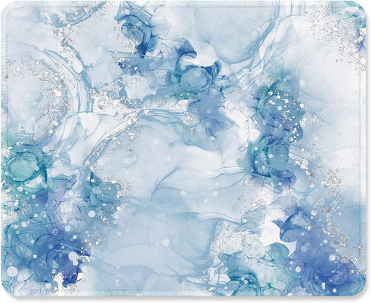 ITNRSIIET Mouse Pad with Stitched Edge Premium Textured Smooth Precise Operation Waterproof Washable Non-Slip Rubber Base Desktop Protection Mat, 10.2×8.3×0.12 inches, Blue Abstract Marble
