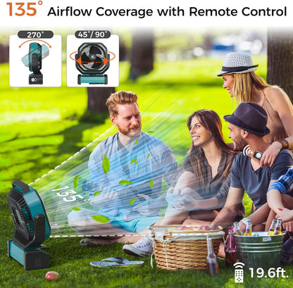 Camping Fan with Light - 20000mAh Rechargeable Battery Fan, 112Hrs Max Run Time, 8 Speeds, Digital Display, Timer, Auto Oscillation, 270° Pivot & Hook for Camping, Power Outage, Hurricane (Blue)