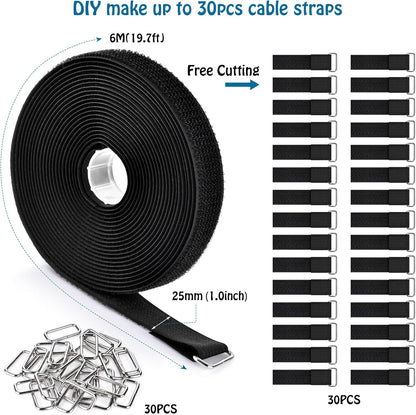 1"x19.7ft Hook and Loop Straps with 30 Buckles Adjustable Cut-to-Length Cable Ties - Reusable Nylon Fastening Tape Cable Straps for Storage or Organization (1in x 19.7ft)