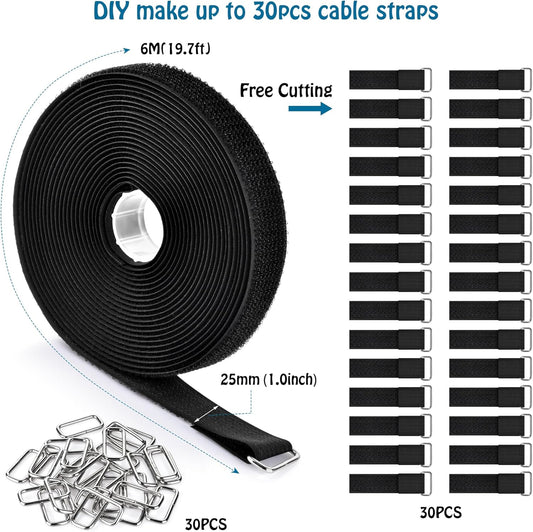 1"x19.7ft Hook and Loop Straps with 30 Buckles Adjustable Cut-to-Length Cable Ties - Reusable Nylon Fastening Tape Cable Straps for Storage or Organization (1in x 19.7ft)
