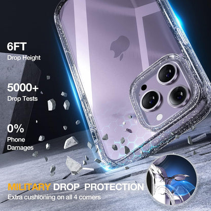 Miracase Glass Series Designed for iPhone 14 Pro Max Case 6.7 Inch, Upgrade Full-Body Bumper Case with Built-in 9H Tempered Glass Screen Protector, with Camera Lens Protector, Glitter Clear