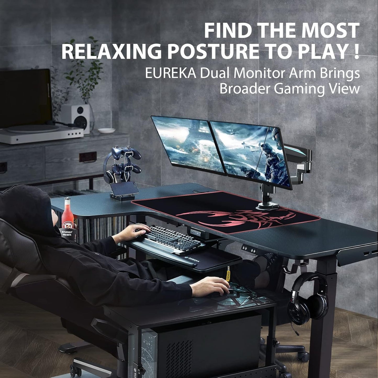 EUREKA ERGONOMIC Dual Monitor Stand, Fully Adjustable Gas Spring Double Monitor Arms for PC Computer Screen 13 to 32 inch up to 17.6 LBS W VESA 75x75mm,100x100mm C Clamp Grommet Base, Black