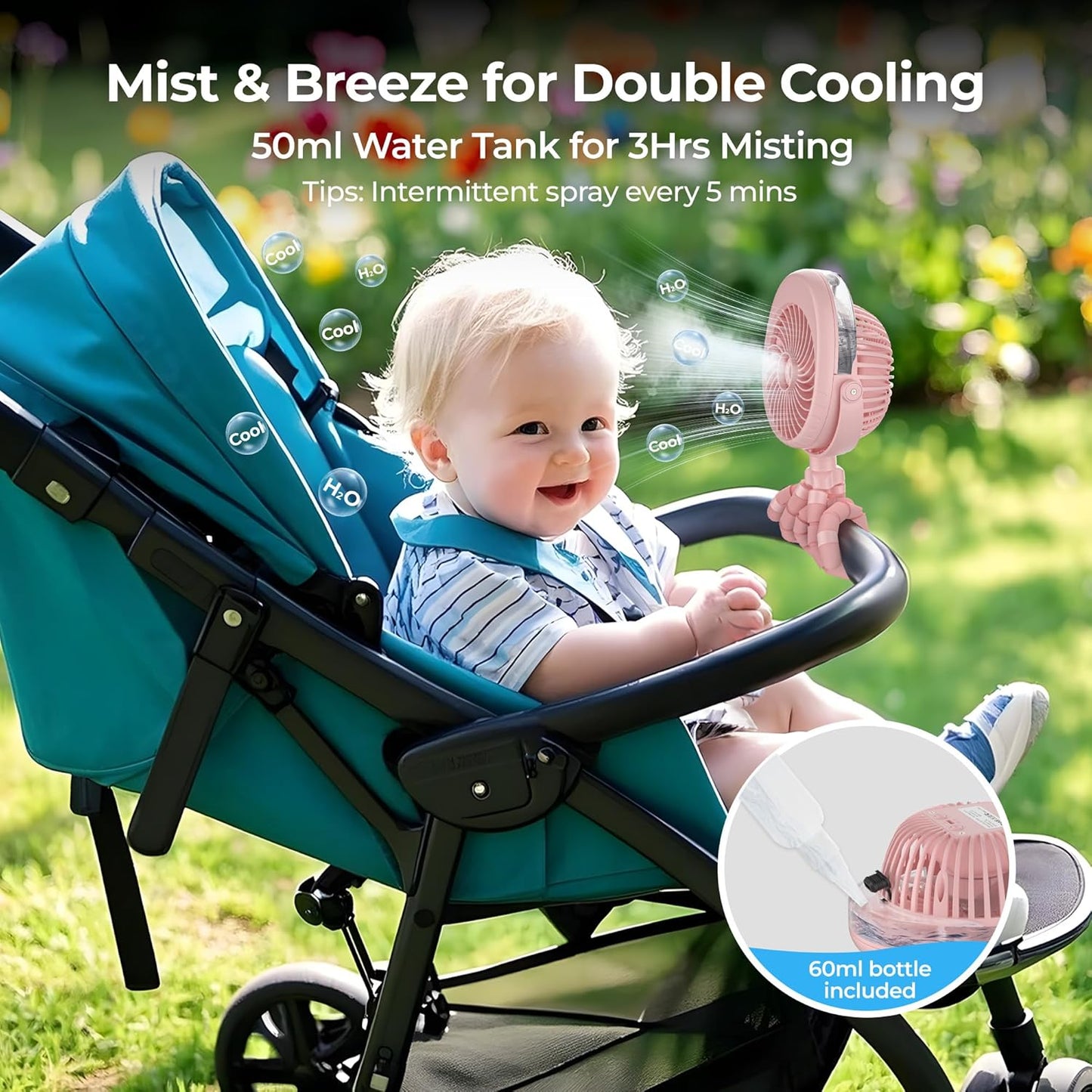 Misting Baby Stroller Fan, 4000mAh Rechargeable Battery Operated, 270°Pivoting, 15H Cooling,50ml Portable Water Sprayer Misting Fan with Flexible Tripod Clip on Car Seat Crib Treadmill Bunk Bed