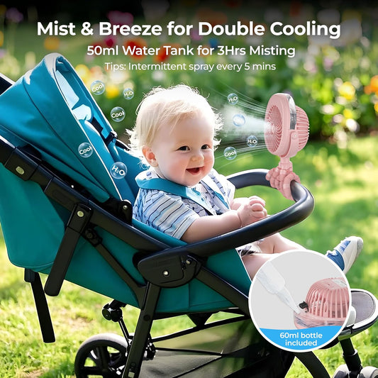 Misting Baby Stroller Fan, 4000mAh Rechargeable Battery Operated, 270°Pivoting, 15H Cooling,50ml Portable Water Sprayer Misting Fan with Flexible Tripod Clip on Car Seat Crib Treadmill Bunk Bed