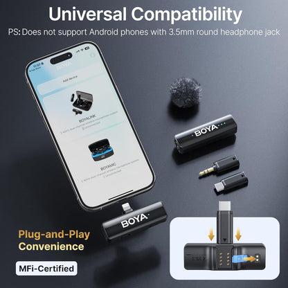 BOYA BOYALINK 2 A1 (1TX+3RX Adapter) Wireless Lavalier Microphone for iPhone Camera Android, Clip on Mic, 48 KHz 24 Bit, 6mm Mic, 1000ft, Noise Cancelling, Mini Lapel Mic USB-C/Lightning/3.5mm TRS