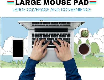 Cute Anime Desk Mat Kawaii Mousepad, Anime Street Aesthetics Desk Pad XXL, Japanese/Korean Lo-fi Drawing, Cute Green Blue Nature Mouse Pad Computer Keyboard Mat, Office Desk Pad Protector