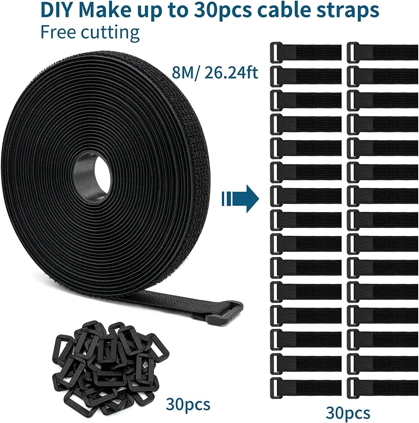 26Ft x 0.8In Adjustable Cable Straps with 30 Buckles, Free Cut Length, Black Reusable Nylon Fastening Cable Ties,Hook and Loop Securing Strap for Cable Tidy Organizer or Storage