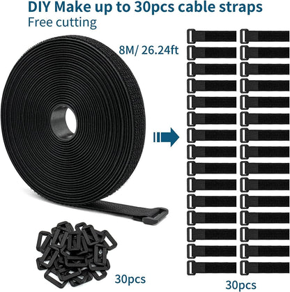 26Ft x 0.8In Adjustable Cable Straps with 30 Buckles, Free Cut Length, Black Reusable Nylon Fastening Cable Ties,Hook and Loop Securing Strap for Cable Tidy Organizer or Storage