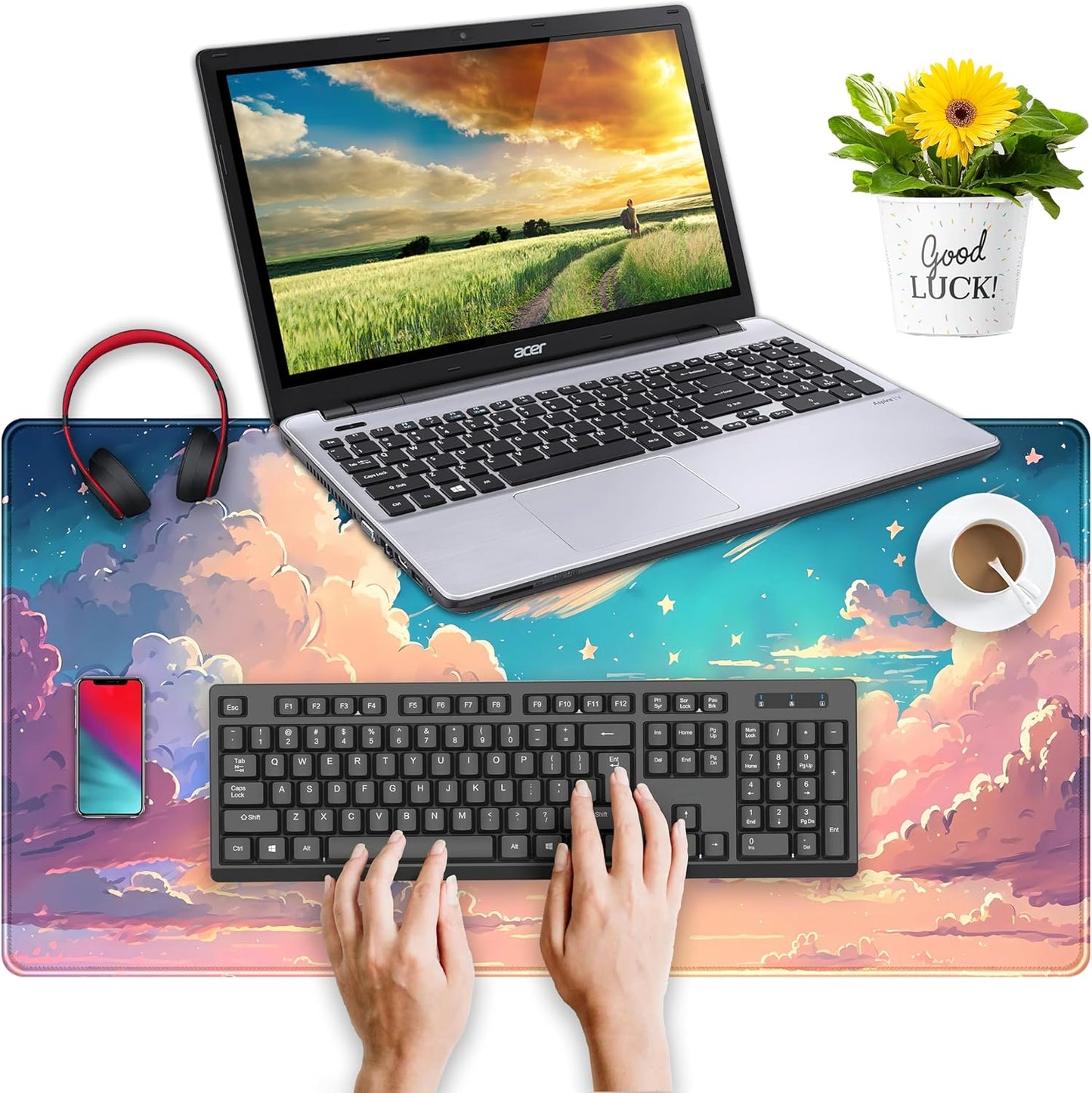 Cool Pink Desk Mat Pastel Clouds Large XXL Gaming Mouse Pad Non-Slip Rubber Base Mousepad, Office Desktop Decor Desk Pad, Computer Laptop Keyboard and Mouse Mat with Stitched Edges, 31.5x15.75 in