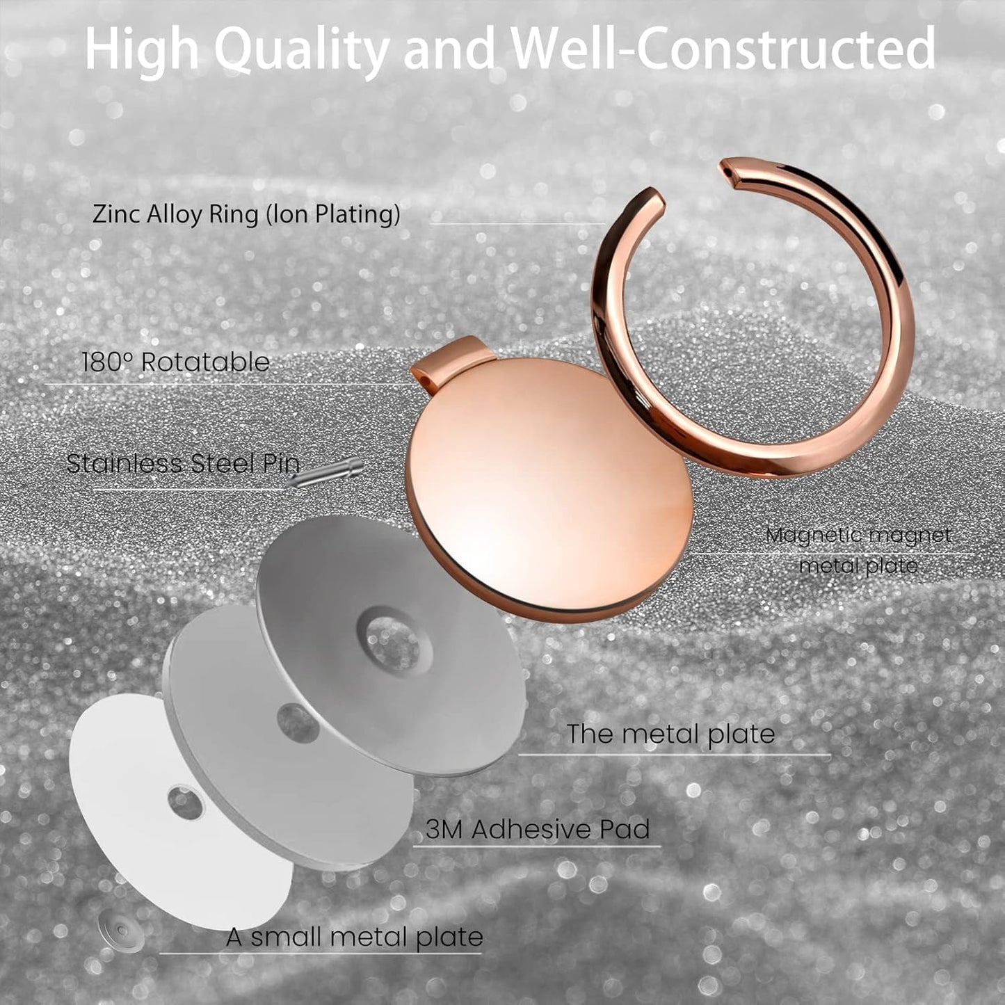 Metal Cell Phone Ring Holder Finger Ring Stand, 360 Degree Rotation Ring Kickstand Grip Holder for Magnetic Car Mount, Rose Gold