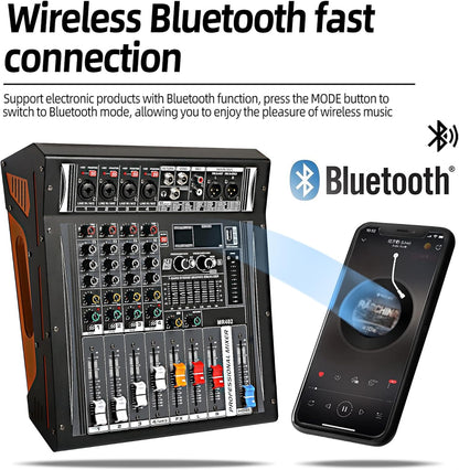 Audio Mixer 4 Channel, DJ Mixer with Power Amplifier, Audio Sound Card with 48V Phantom Power, Usb Audio Interface, Sounds Mixer Board with 99 DSP FX Reverb Delay Effect for Streaming