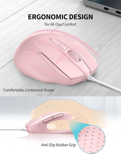 TECKNET Wired Mouse, 6-Button Corded with 4 Adjustable DPI, Optical Ergonomic Design, 5FT Cord for Laptop, Chromebook, PC, Desktop, Mac, Notebook - Pink