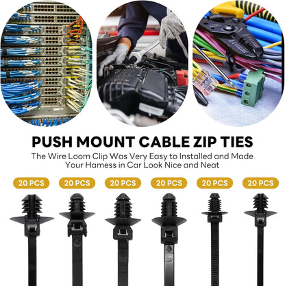 120 Pcs Push Mount Cable Ties Assorted Sizes, Black Nylon Push Mount Zip Ties Wire Harness Clips, 6-Types Snap in Zip Ties Self Locking Automotive Wire Ties for Wire Tying, Automotive