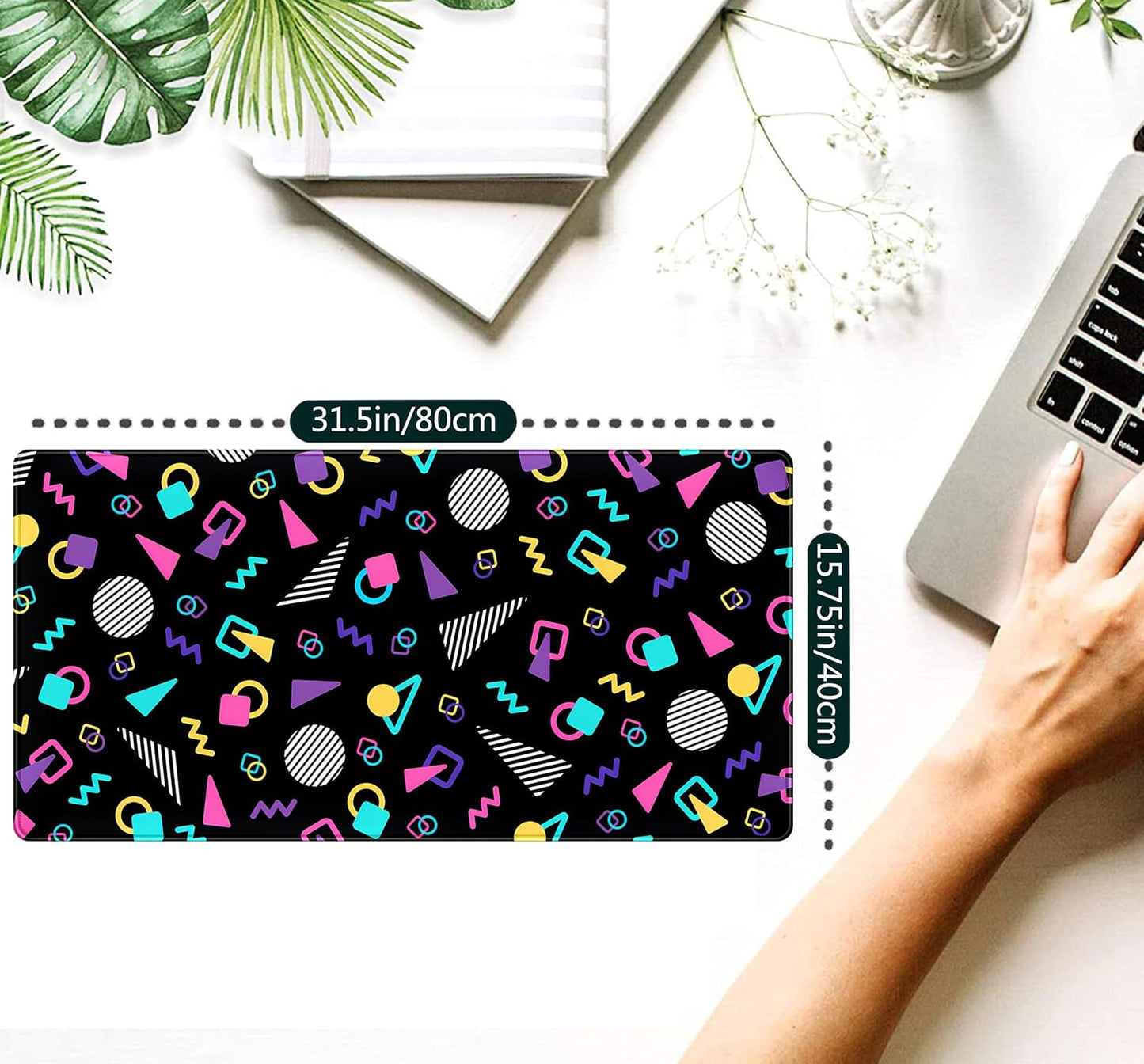 Retro 80s Desk Mat, Cute 90s XXL Large Gaming Mouse Pad, Black Boho Desk Pad with Stitched Edges, Computer Laptop Keyboard and Mouse Mat, Aesthetic Office Decor Non-Slip Mosuepad, 31.5x15.75 in