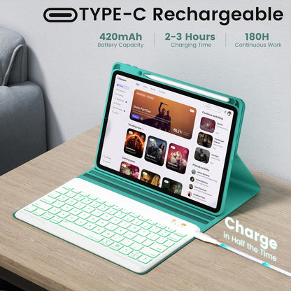 BLUTLOTUS for iPad 11th A16 10th Generation Case with Keyboard - 7 Colors Backlit Wireless Detachable Folio Keyboard Cover with Pencil Holder for iPad 11 inch A16 2025 10th Gen 10.9 Inch 2022 (Teal)