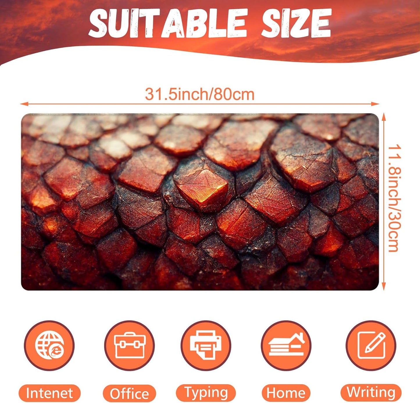 Desk Mat, Red Fire Dragon Scales Desk Pad, Cool Dragon Large Gaming Mouse Pad for Desk, 31.5"x15.7" Extended Big Computer Keyboard Mouse Pad with Non-Slip Base and Stitched Edge