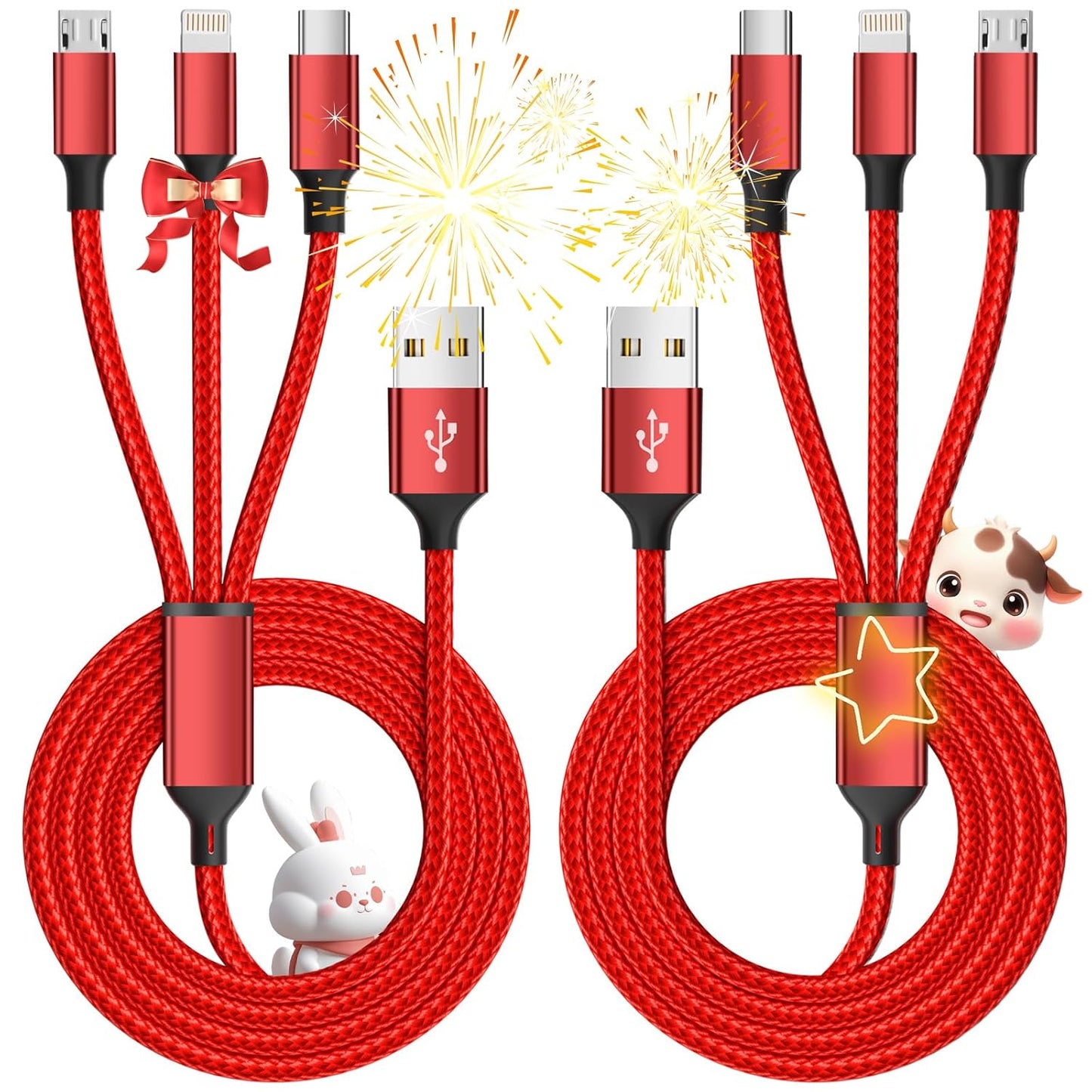 Multi Charging Cable, (2 Pack 4FT) Multi USB Charger Cable 3 in 1 Charging Nylon Braided Fast Charging Cord with Type-C, Micro USB, IP Port for Most Phones/iPhones/Tablets, Red