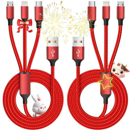 Multi Charging Cable, (2 Pack 4FT) Multi USB Charger Cable 3 in 1 Charging Nylon Braided Fast Charging Cord with Type-C, Micro USB, IP Port for Most Phones/iPhones/Tablets, Red