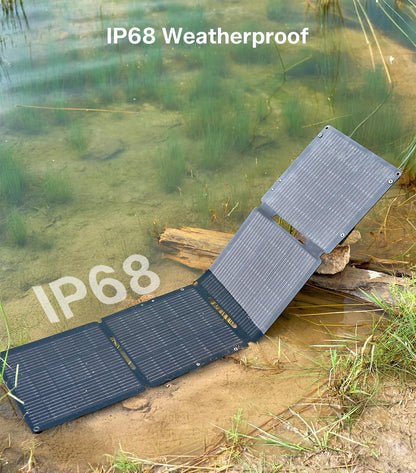 PEAKFLOW 65W Solar Panel,Foldable Portable Solar Panel,25.4% High-Efficiency, 45W PD USB-C Port,QC3.0 USB-A Port,DC5521 Output, Folding IP 68 Waterproof Solar Panels with Carabiners for Camping