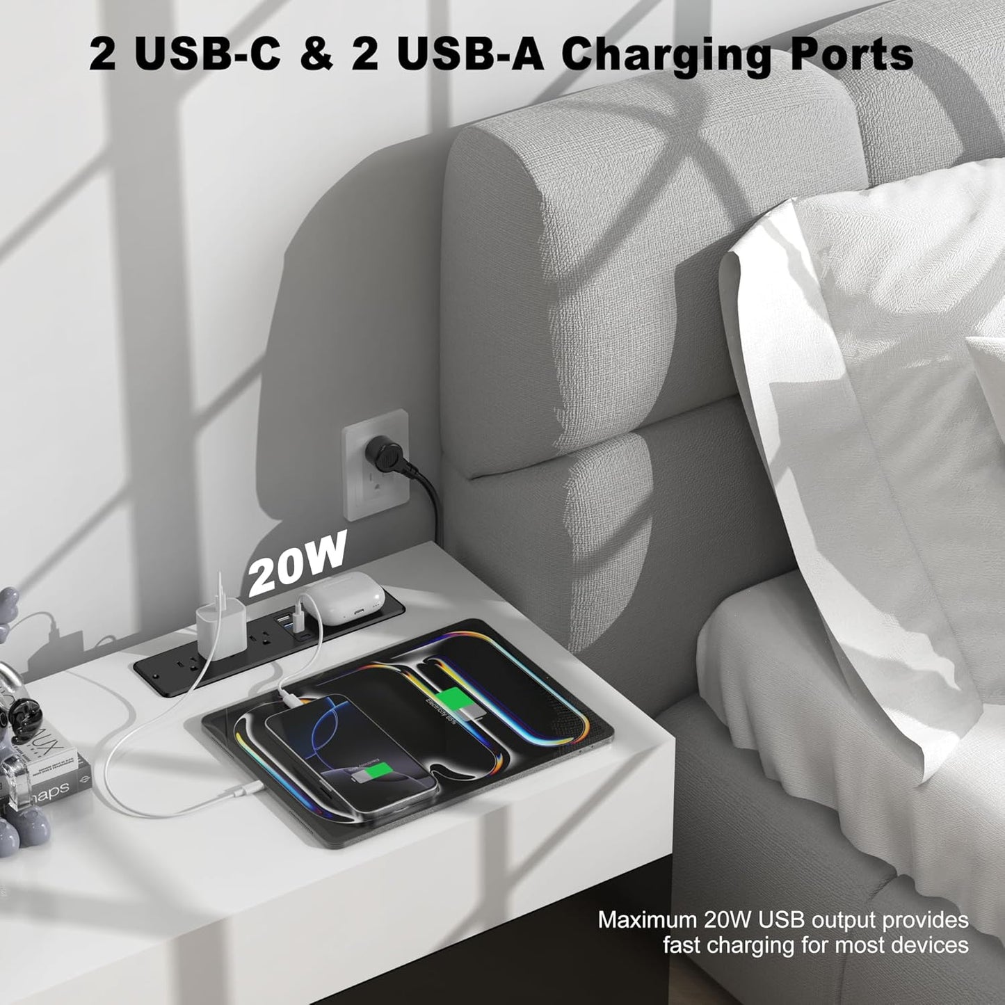 8 in 1 Recessed Power Strip with 15W Wireless Charger, 20W Fast Charging Furniture Outlet, Plug in 3 AC Outlets & 4 USB Ports Flush Mount, 6FT Cord