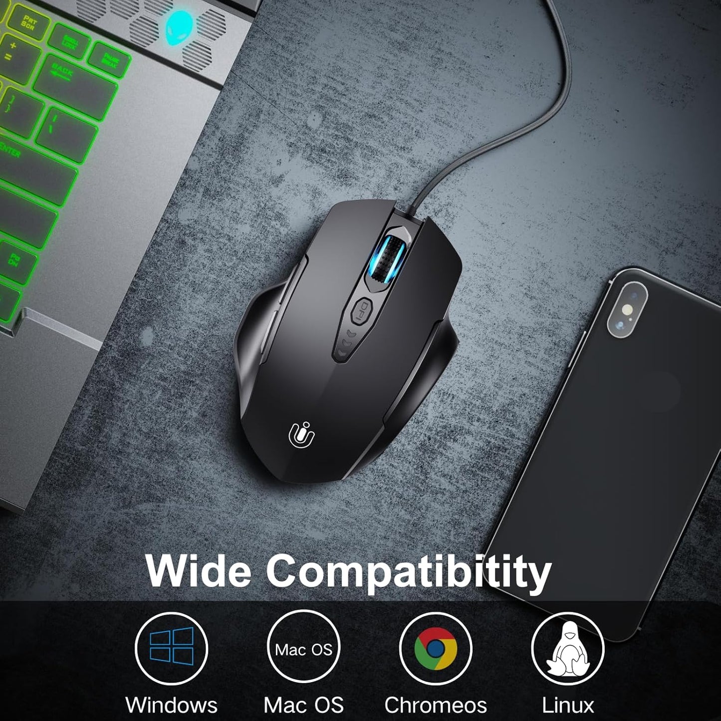 Wired Mouse, USB Mouse Wired with 6 Buttons Ergonomic Design,1.5M USB Cable Computer mice 7200DPI Optical Mice for PC Laptop, Matte Black