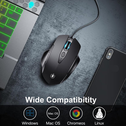 Wired Mouse, USB Mouse Wired with 6 Buttons Ergonomic Design,1.5M USB Cable Computer mice 7200DPI Optical Mice for PC Laptop, Matte Black