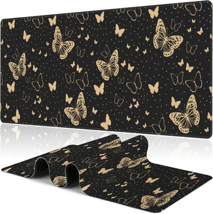 Golden Butterflies Desk Mat,Large Butterfly and Round Spots Gaming Keyboard Mouse Pad,Non-Slip Rubber Base Desk Pad Thick Stitched Edges Waterproof Mousepad Mouse Mat 31.5"x11.8"