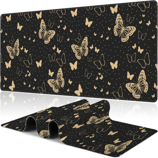 Golden Butterflies Desk Mat,Large Butterfly and Round Spots Gaming Keyboard Mouse Pad,Non-Slip Rubber Base Desk Pad Thick Stitched Edges Waterproof Mousepad Mouse Mat 31.5"x11.8"