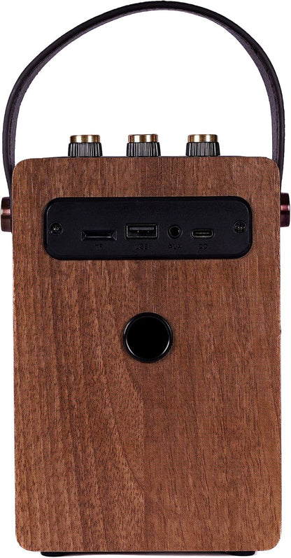 Fuse Andle Vintage Retro Bluetooth Speaker with Vegan Leather Handle | Portable Speaker with Smartphone Connection | USB & AUX Input | Stylish Brown Wood Exterior
