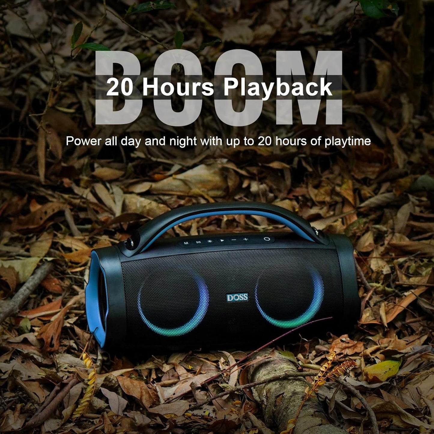 DOSS Extreme Boom Pro Loud Bluetooth Speaker with 100W Stereo Sound, Extra Bass, 20H Playtime, Party-Sync Led Lights, Built-in Power Bank, IPX6 Waterproof for Outdoor, Camping, Travel-Blue