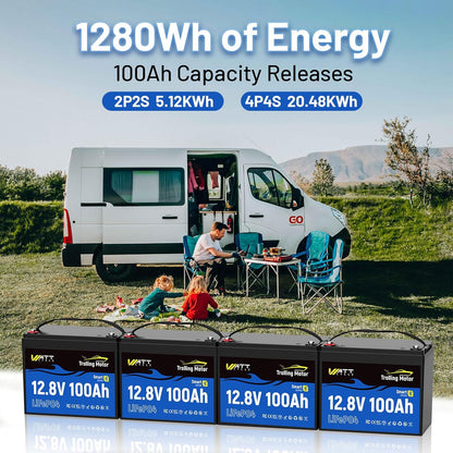 12V 100Ah TM LiFePO4 Lithium Battery with Smart Bluetooth, Group 24, Automatically Cuts Off and Recovery, 120A BMS, IP67, Deep Cycle Perfect for Trolling Motors Marine Boat RVs(2 Pack)