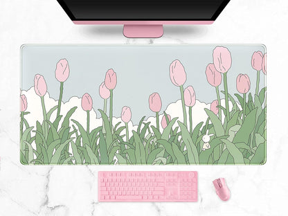 WatercolorTulip Flower Mouse Pads,Extended Gaming Mousepad XXL Kawaii Anime Desk Mat Pink Green Large Full Desk Mouse Pad for Wireless Mouse Keyboard Mat with Stitched Edges 31.5" x15.75