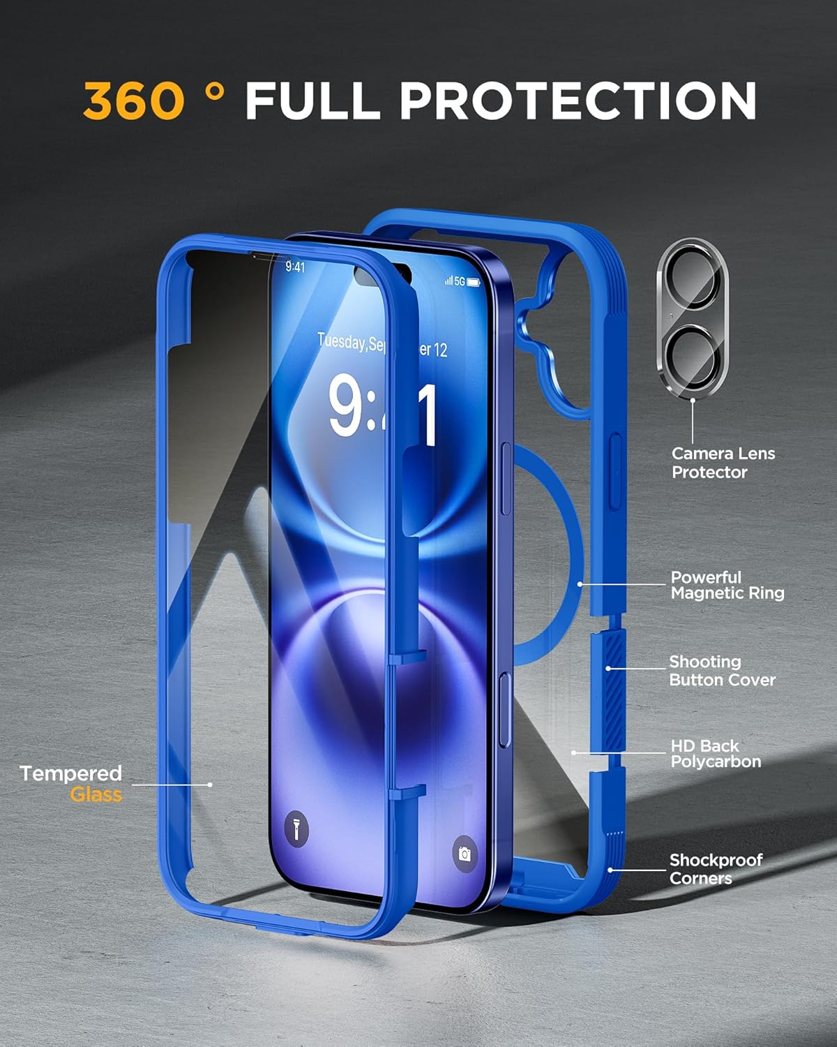 Miracase for iPhone 16 Case 6.1'', [Bubble Free] Full-Body Bumper Phone case with Built-in Full Glass Screen &Lens Protector,No Gap,Compatible with MagSafe,Drop Proof 16 Cover,Blue