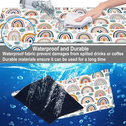 Mouse Pad, Large Boho Rainbow Desk Mat, Extended Non-Slip Gaming Keyboard Mousepad Desk Pad, Thick Stitched Edges Waterproof Mouse Mat 31.5"x15.7" (Scandi Rainbow and Stars Clouds)