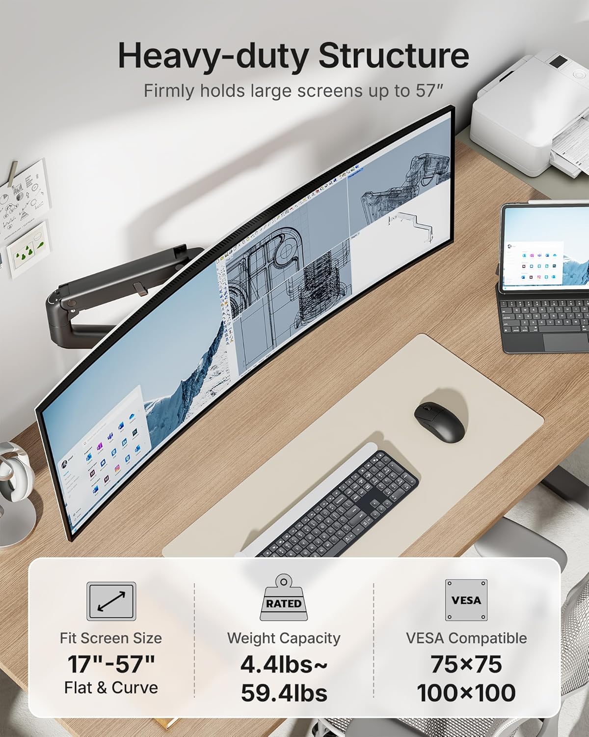 monTEK Heavy-Duty Monitor Arm for 17-57" Ultrawide Curved Screen, Supports up to 59.4 lbs, Adjustable Gas Spring Arm, 75/100 VESA Mount, Clamp & Grommet Desk Monitor Mount Single, Black