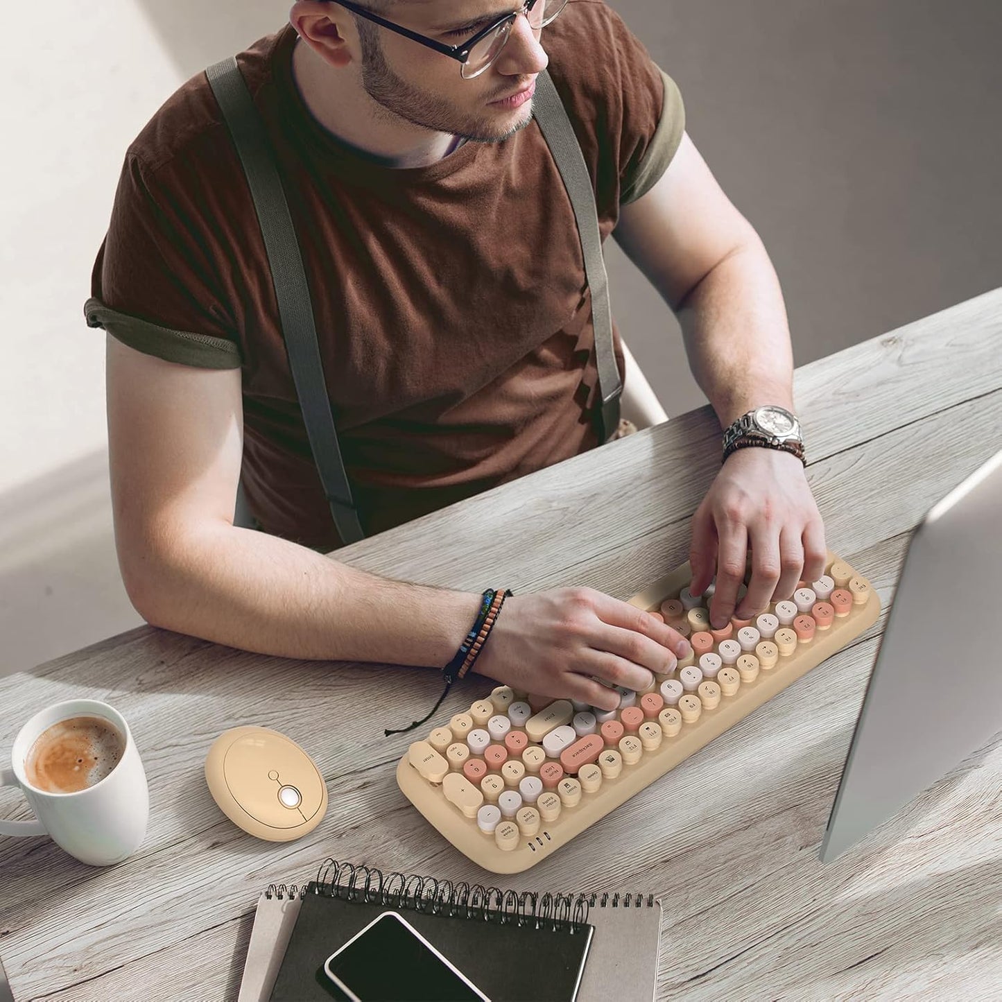 KNOWSQT Wireless Keyboard and Mouse Combo, Light Milktea 100 Keys 2.4 GHz Round Keycap Typewriter Ctue Keyboards, USB Receiver Plug and Play, for Windows, PC, Laptop, Computer, Desktop