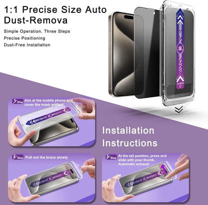 2 Pack Privacy Screen Protector for iPhone 15 Pro Max, 9H Tempered Glass, Full Coverage, Anti-Fingerprint, Auto Dust-Elimination, No Bubble,Easy Installation