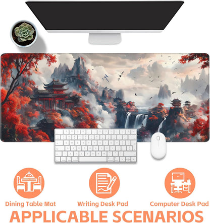 Mouse Pad Large Chinese-Style Landscape Painting Non-Slip Gaming Desk Mat with Stitched Edge Laptop Keyboard Desk Pad for Work Home Gaming (35.4 x 15.7 Inches)