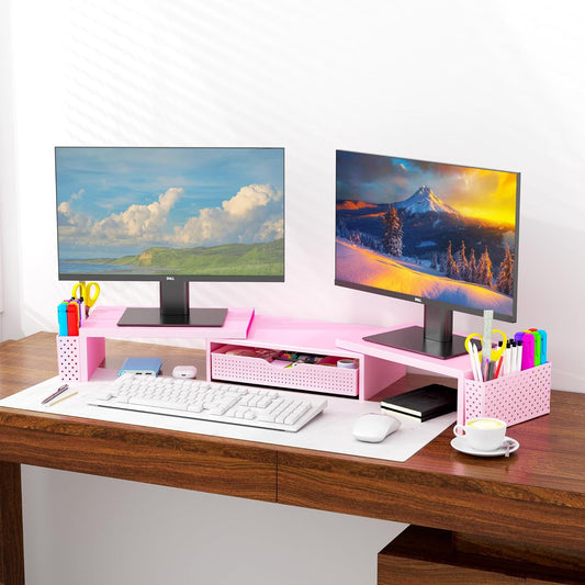 Spacrea Metal Desk Organizers and Accessories, Dual Monitor Stand Riser with Drawer and 2 Pen Holders, Desk Accessories & Workspace Desktop Organizers for Office Supplies (Pink)