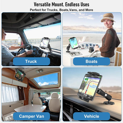 Industrial Tablet Mount for Truck&Vehicle, Heavy Duty Drill Base iPad Mount Holder for Car, Adjustable Aluminum Arm, Compatible w/ 4.7"-12.9" Devices, Perfect for Dashboard, Boats, Walls–Black