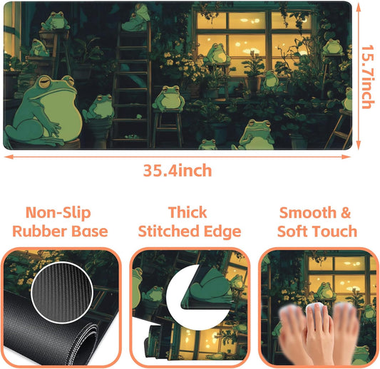 Mouse Pad Large Cute Frogs Non-Slip Game Desk Mat with Stitched Edge Laptop Keyboard Desk Pad for Work Home Gaming (35.4 x 15.7 Inches)